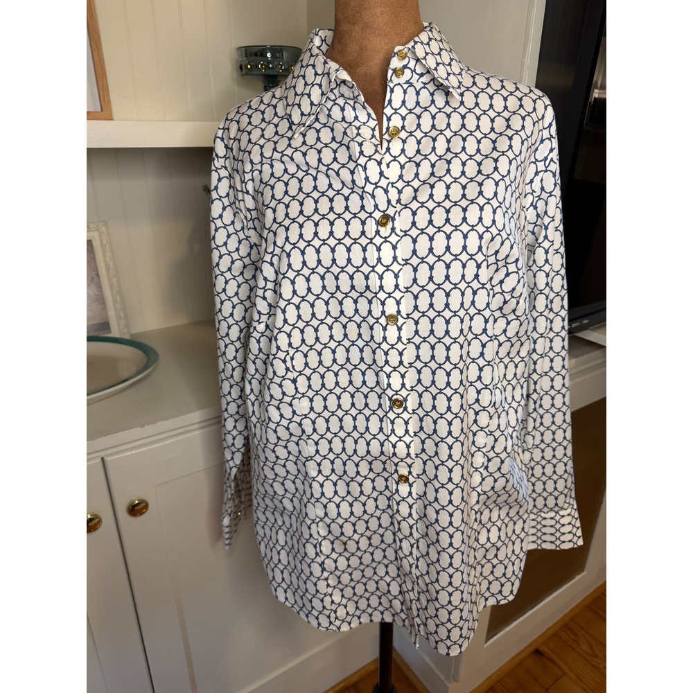 Talbots Woman Petites White Navy Blue Chain Link Wrinkle Resistant Shirt 14WP